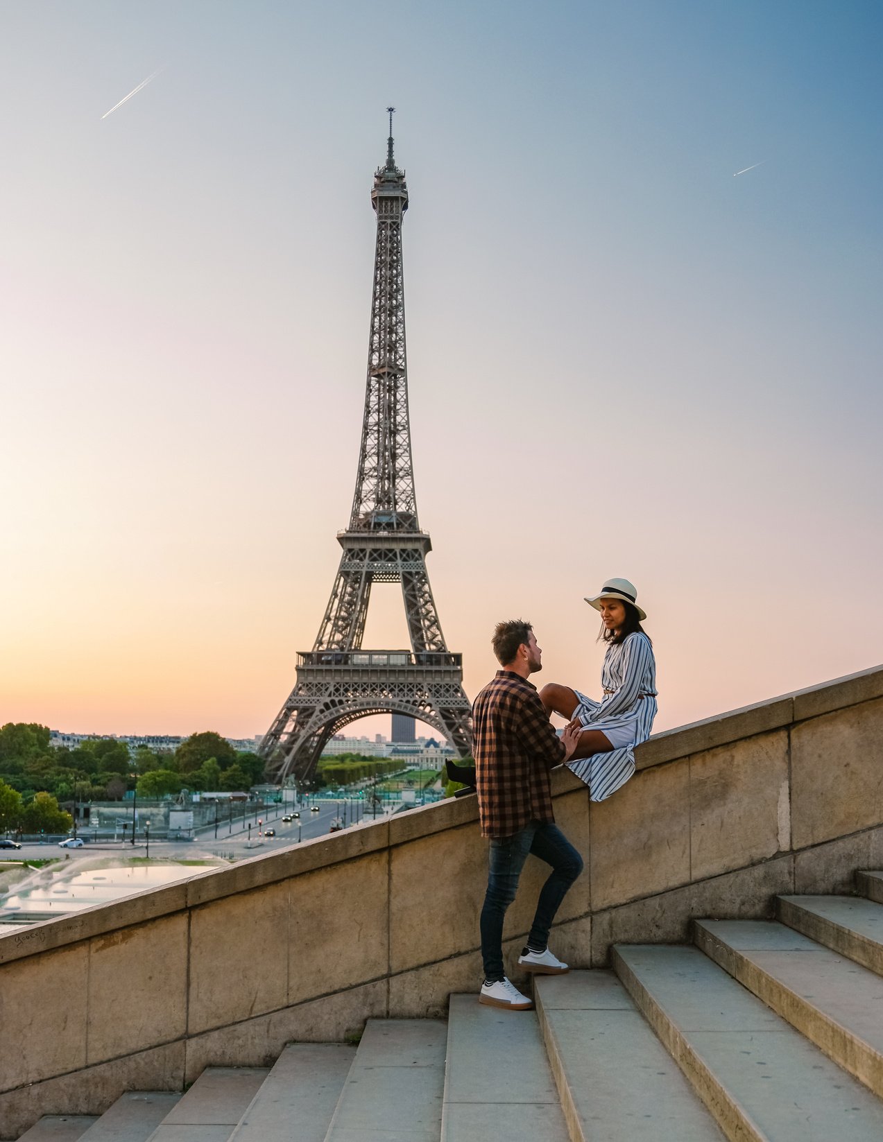 Eiffel tower at Sunrise in Paris France, Paris Eifel tower on a summer day